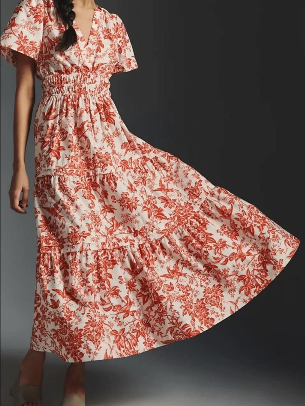 Anthropologie Somerset Maxi in Coral Toile Floral Tiered Cotton Dress Lg - Picture 3 of 6